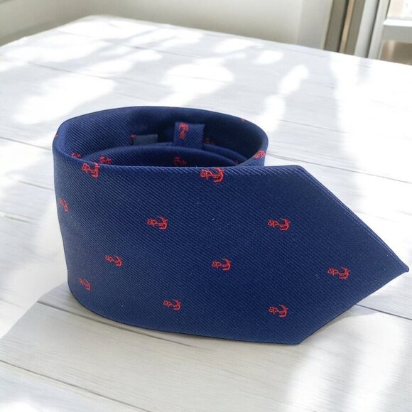 J.Crew The Silk Tie Navy Blue & Red Anchor Print Tie 100% Silk 53"L x 3"W - Picture 1 of 10